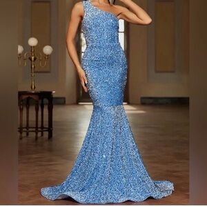 Sparkly Blue Sequin One-Shoulder Mermaid Gown